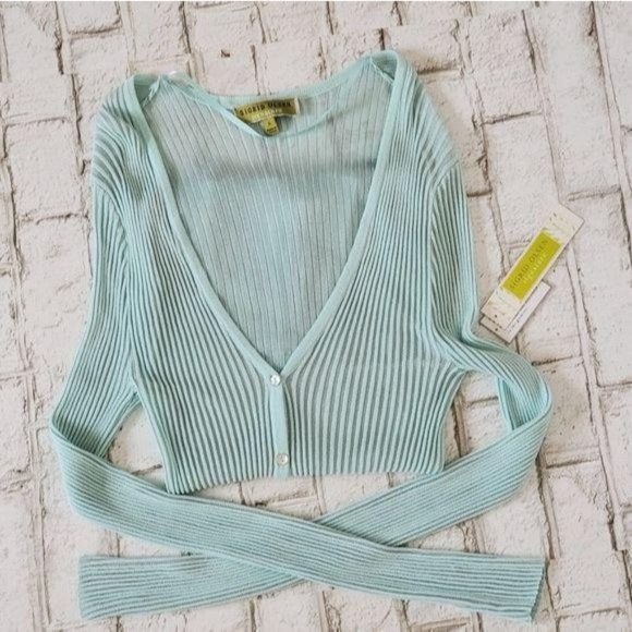 Sigrid Olsen Teal Button Down Sweater Long Sleeve Sheer Ribbed Cardigan Small - Picture 3 of 7